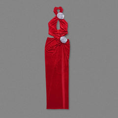 Red Velvet Maxi  3D Flower Evening Gown