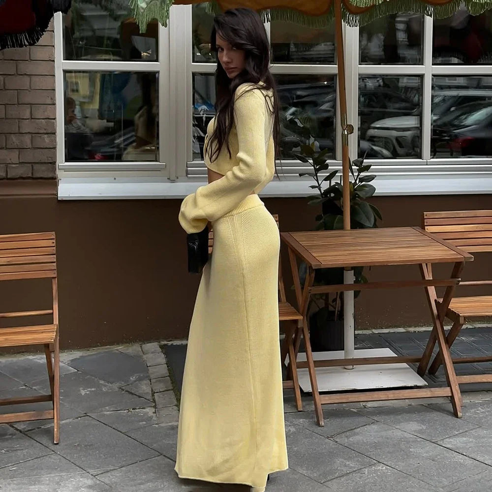 Knit Solid Lace-up Cardigan Top Slit Long Skirt Set