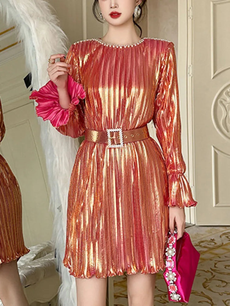 copper pleated dress Wedtrend Women Glitter Copper Tight Metallic Homecoming Dress with Beading Strapless Corset Pleated Short Prom Party Dress, Copper / US20W