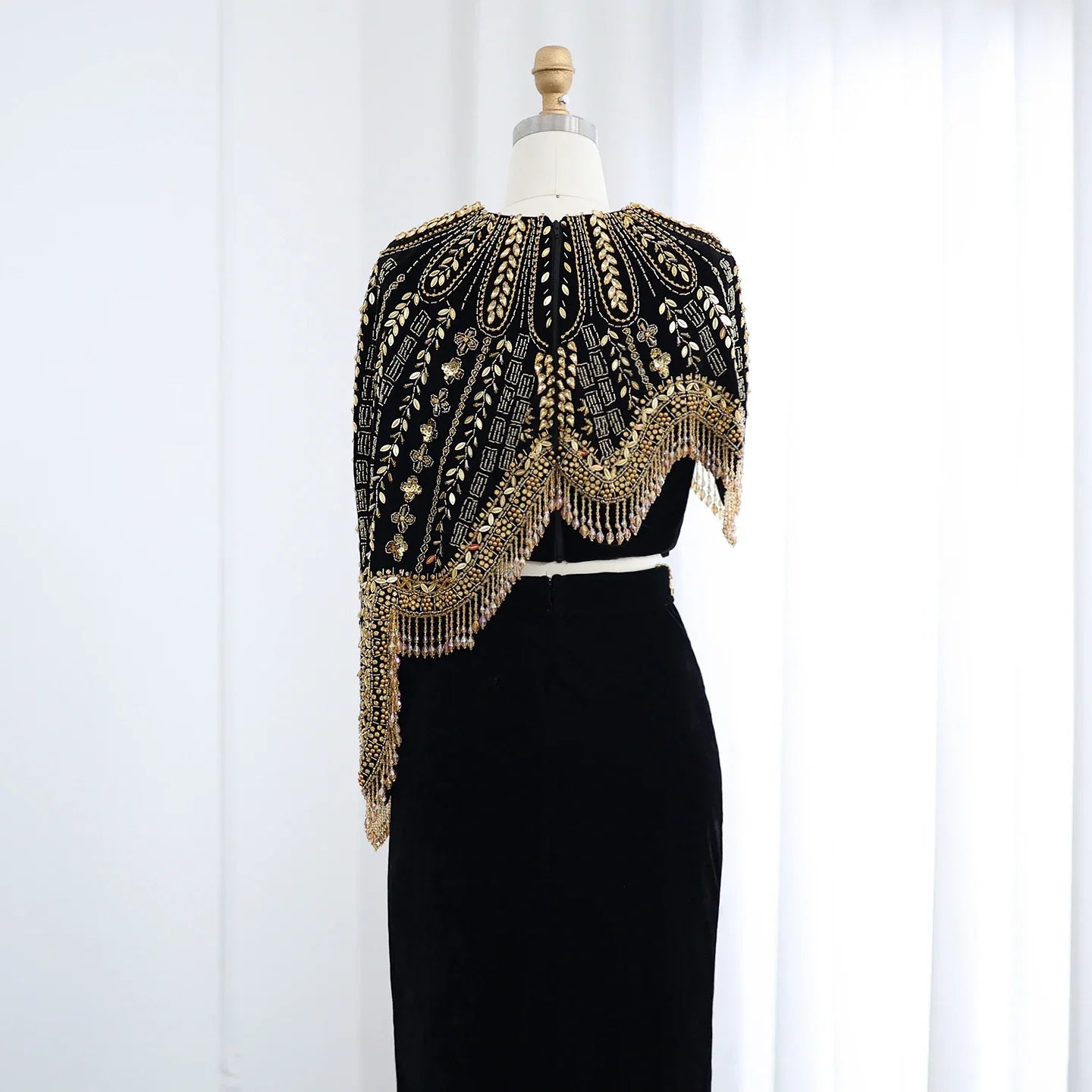 Black Gold Beaded Two Pieces Party Gown