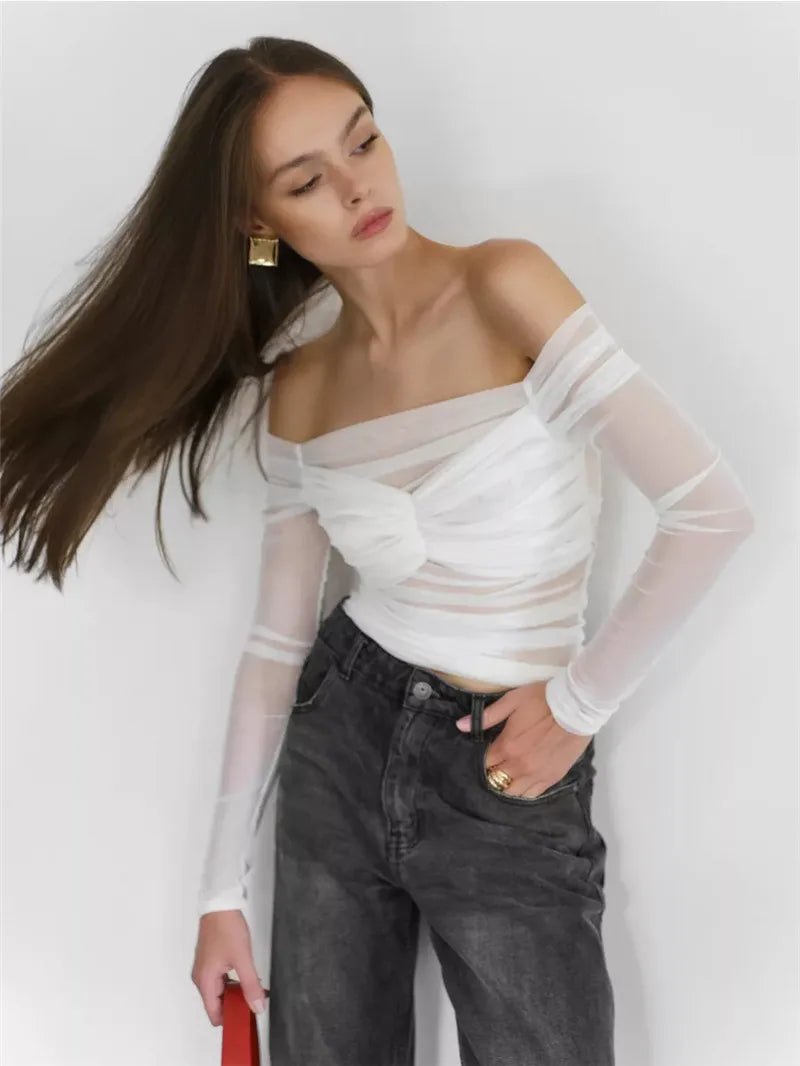 Mesh Off-shoulder Pleated Bust Strapless See Through Top