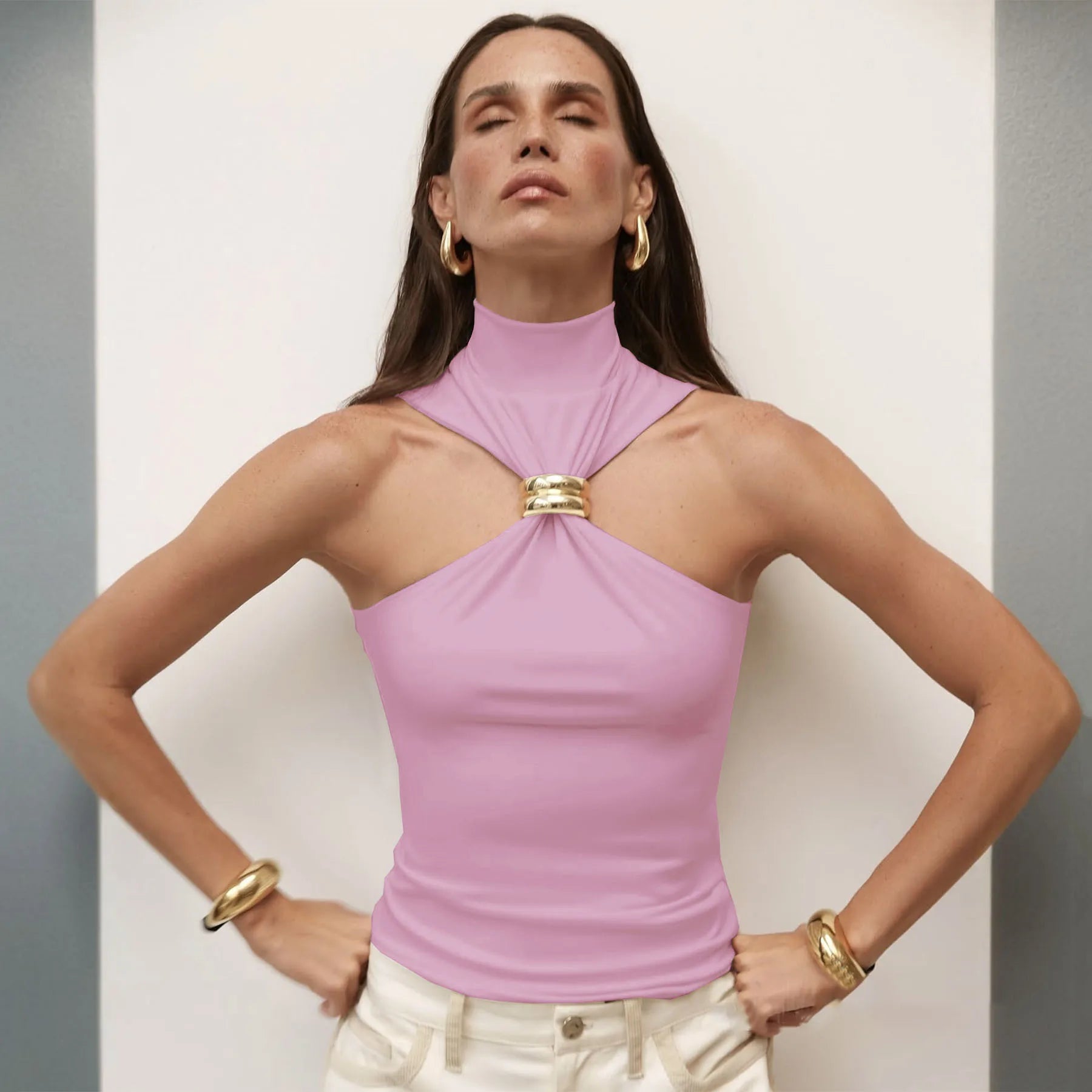 Turtleneck Metal Ring Knitted Tops