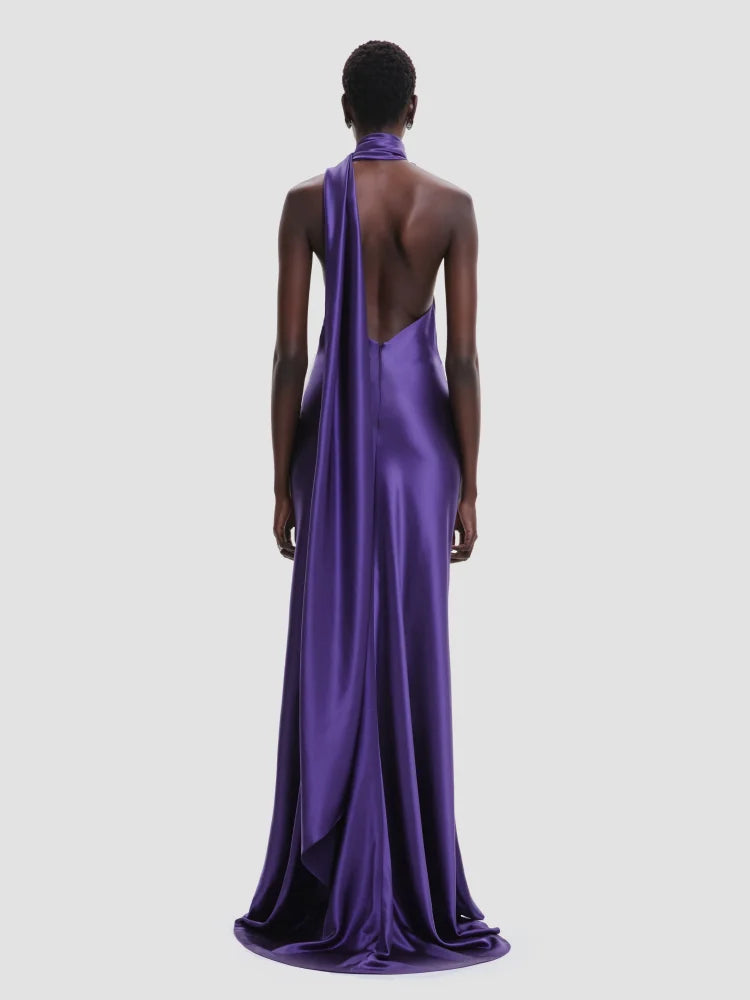 Purple Satin Halter Neck 3D Flower Scarf Maxi Dress