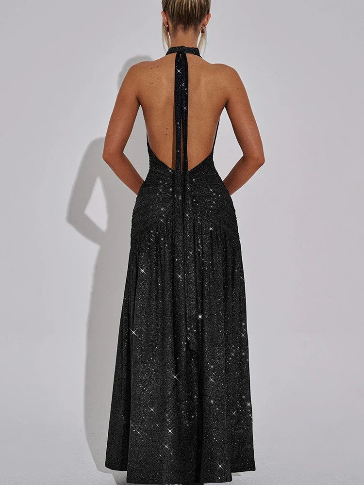 Glitter Bright Silk High Slit Halter Dress