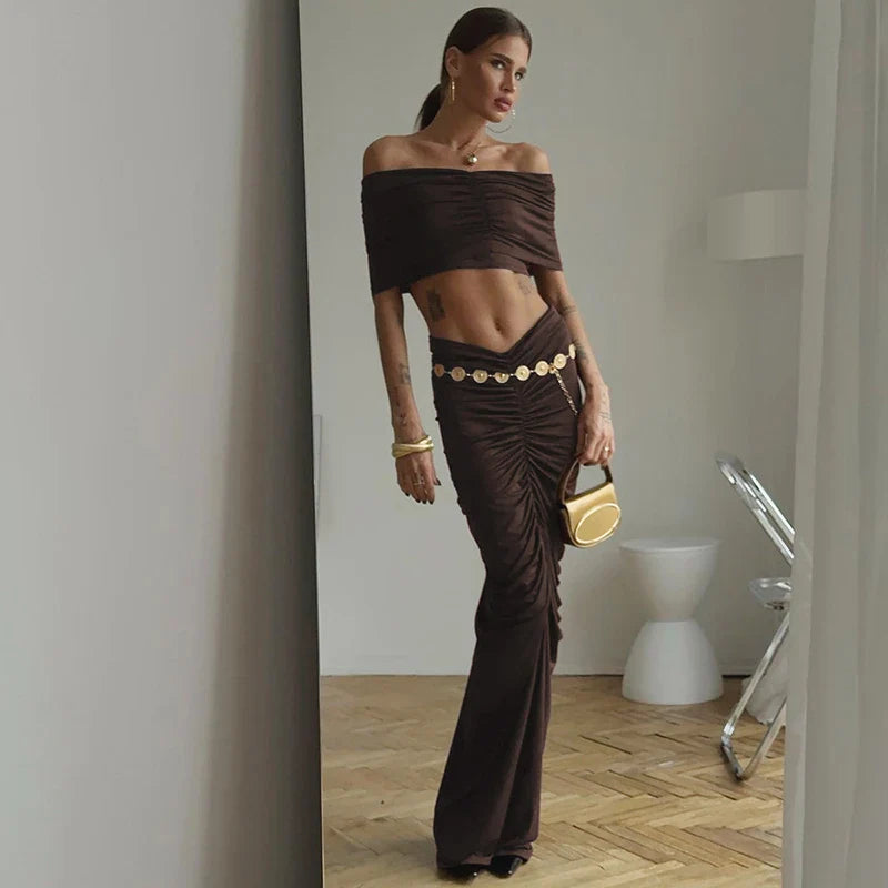 Off-shoulder Crop Top And Long Skirt Suit
