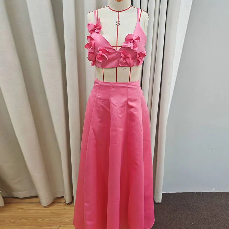 3D Flower Sling Crop Top and A-line Skirt Suit
