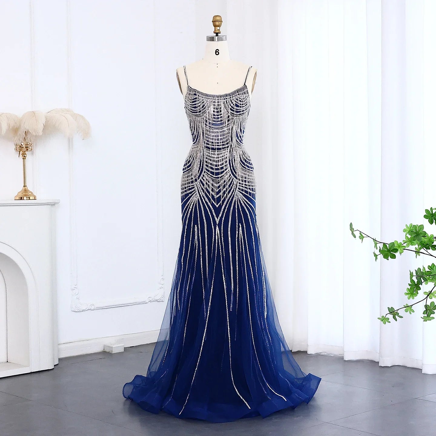 Crystal Tassel Mermaid Spaghetti Straps Gown