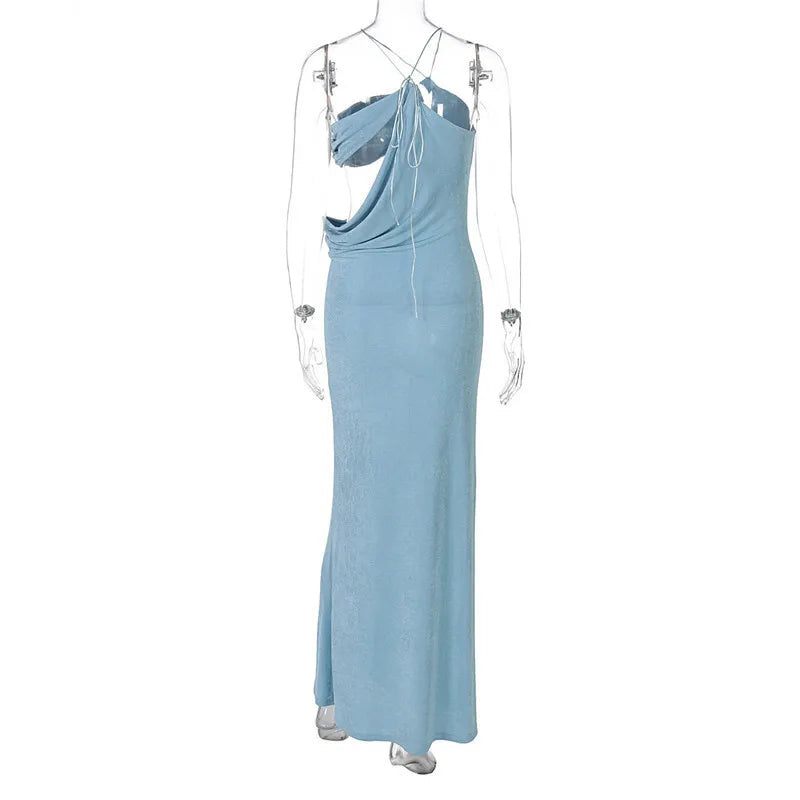 Halter Skew Collar Hollow Out Backless Long Dress