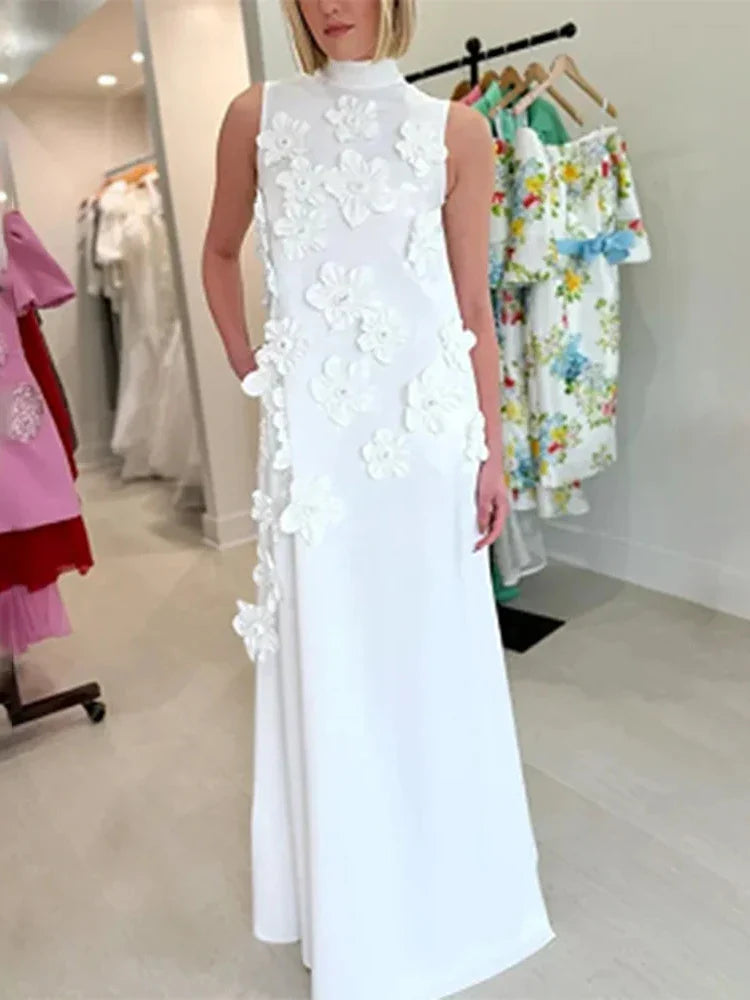 3D Flower Appliqué Mock Neck Midi Dress