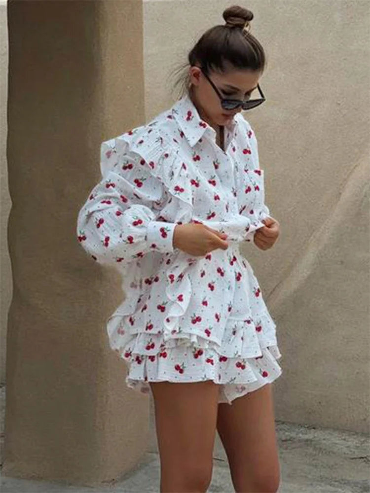 Ruffled Printed Long Sleeve Top and Shorts Sets