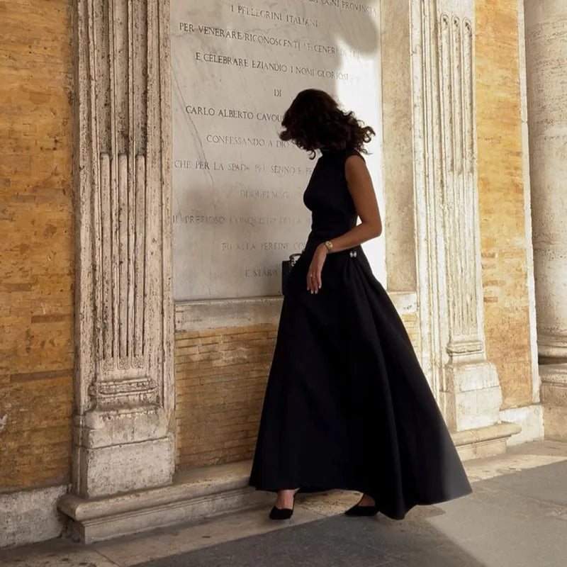 Slanted Collar Solid Pleated Long Dress
