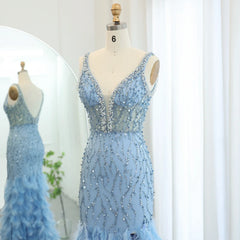 Blue Mermaid Evening Gown with Feather Details