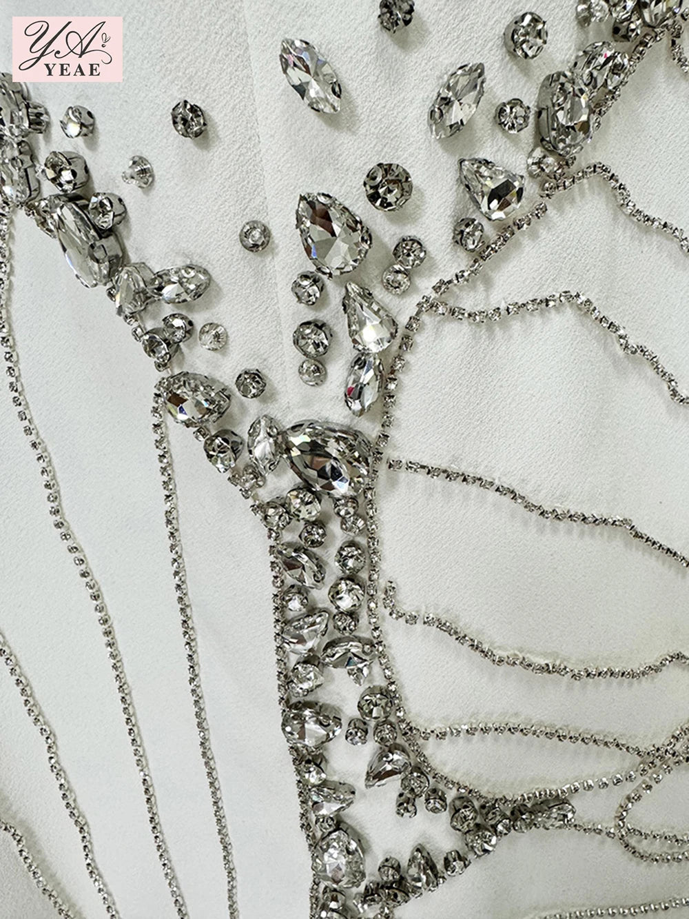 White Beads Diamond Long Sleeve Maxi Dress