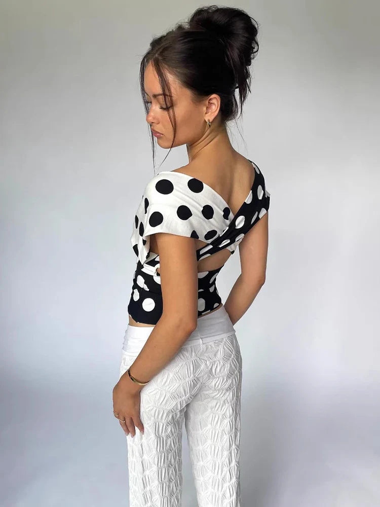 Contrast Polka Dot Cross Scarf Vest Two Wears Short Top