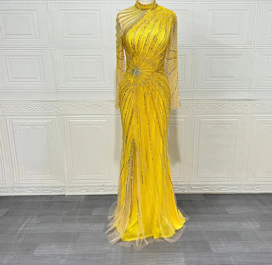 Yellow Mermaid Beading High-Neck Long Sleeves Handmade Gowns