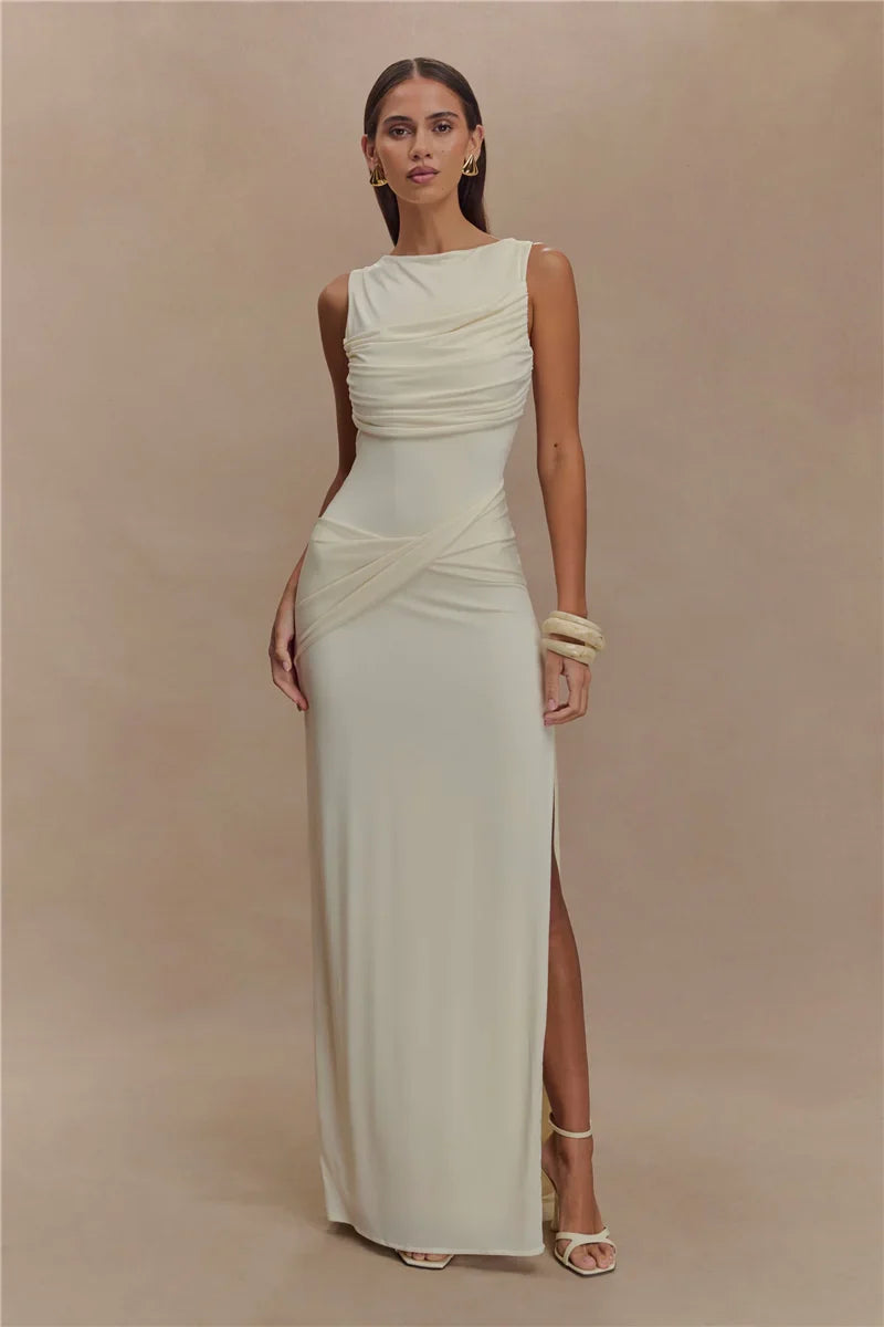 Backless Ruched O Neck Thigh High Split Long Dress