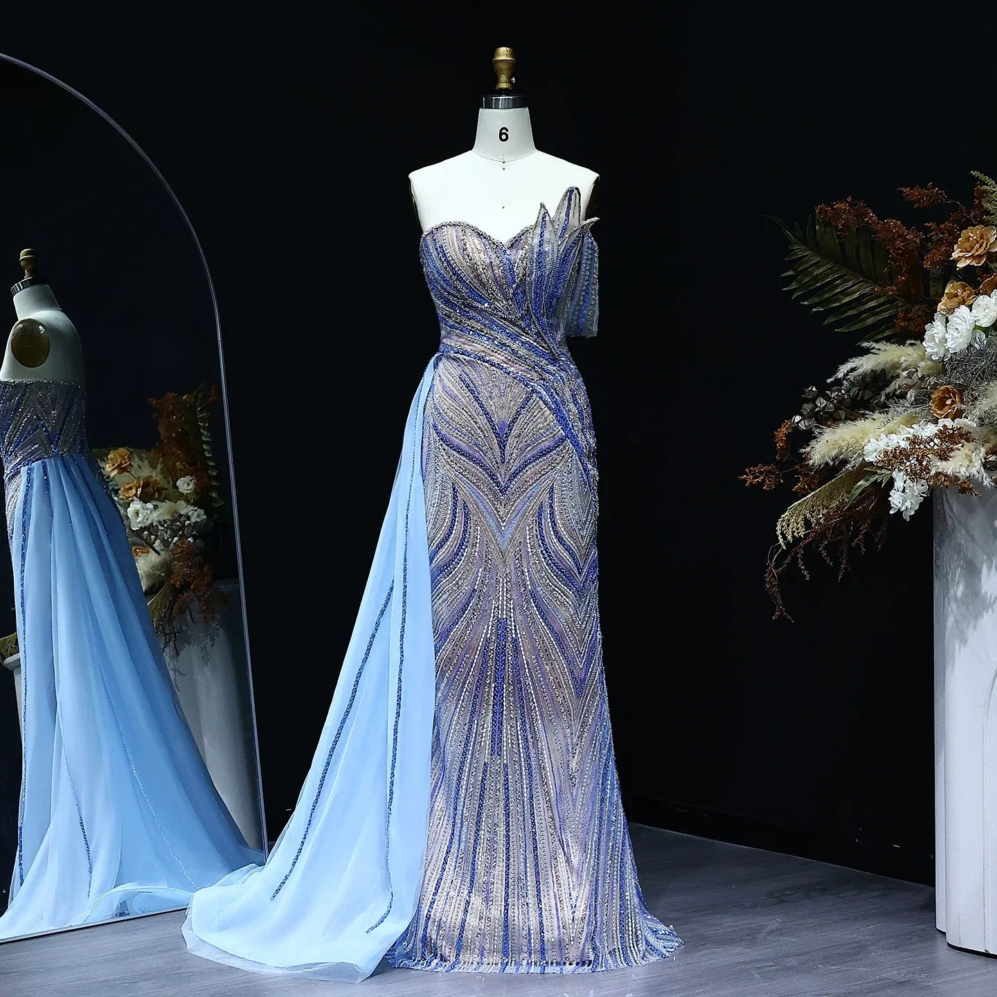 One Shoulder Mermaid Evening Dress with Overskirt