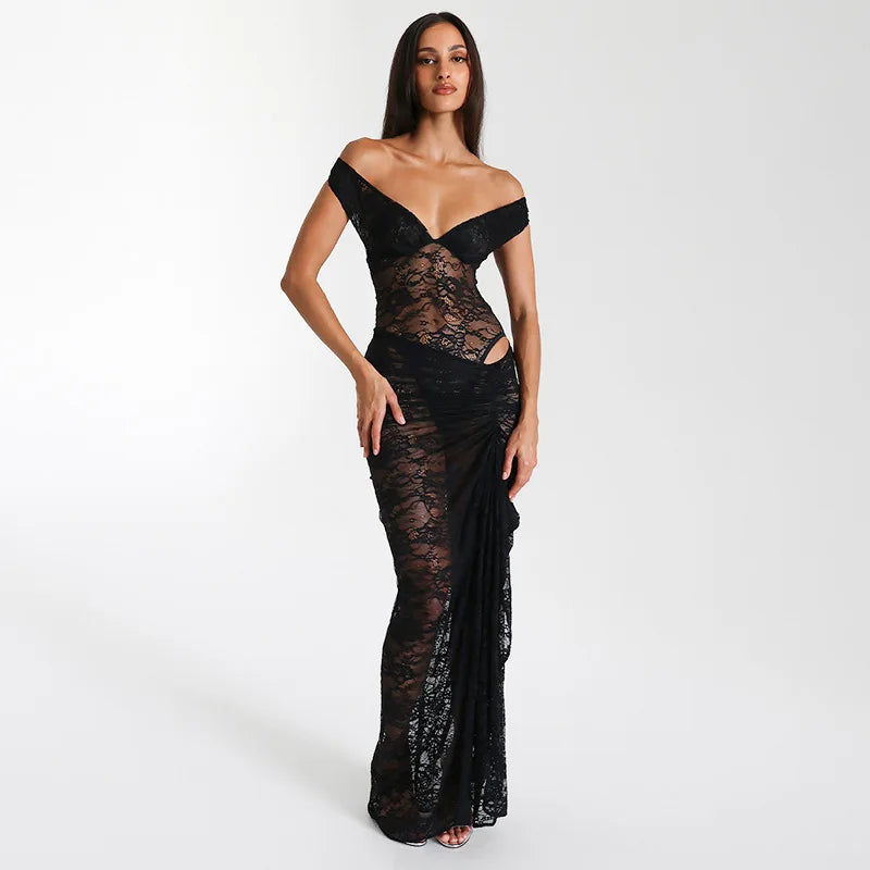 Lace Deep V Sleeveless Tight Split Long Dress