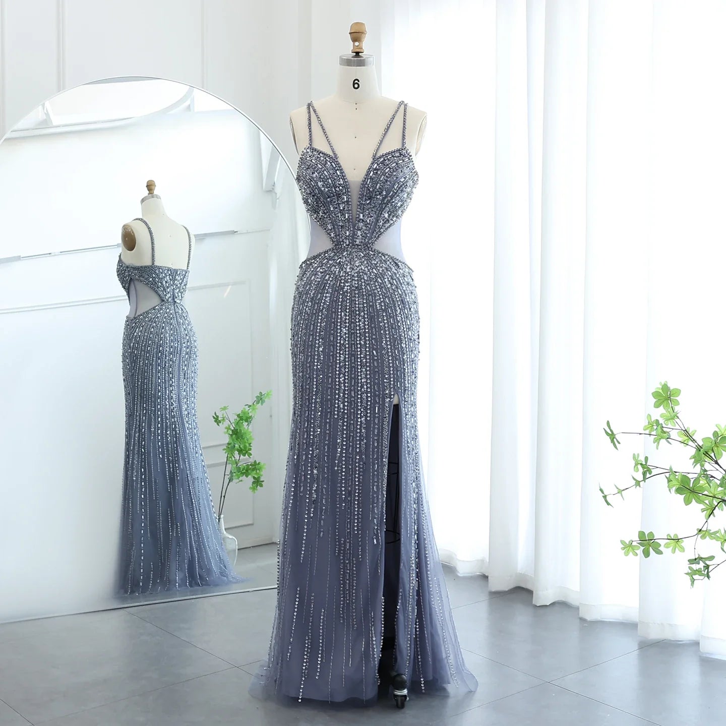 Blue Mermaid Evening Gown with High Slit