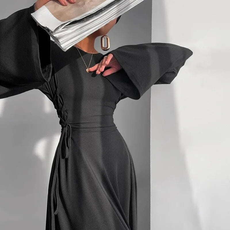 Ribbed Solid Lace-up Long Sleeve Dress