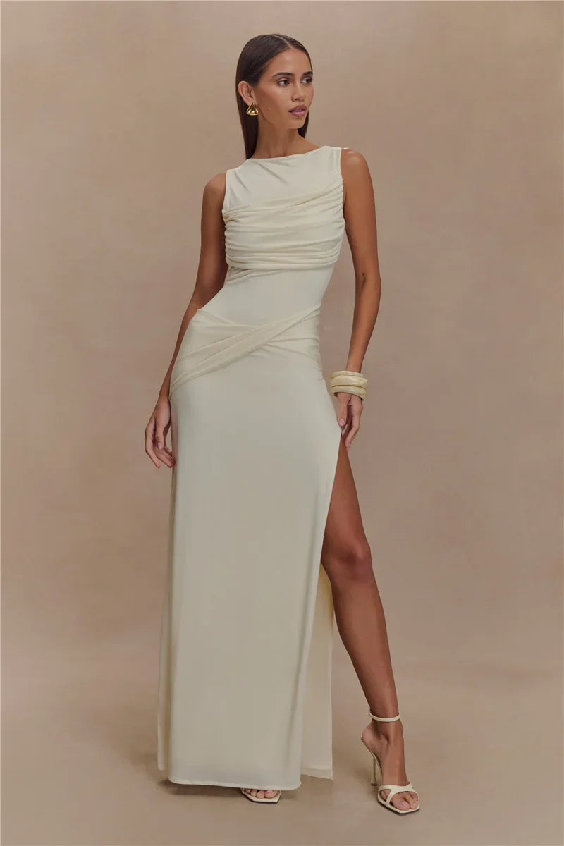 Backless Ruched O Neck Thigh High Split Long Dress