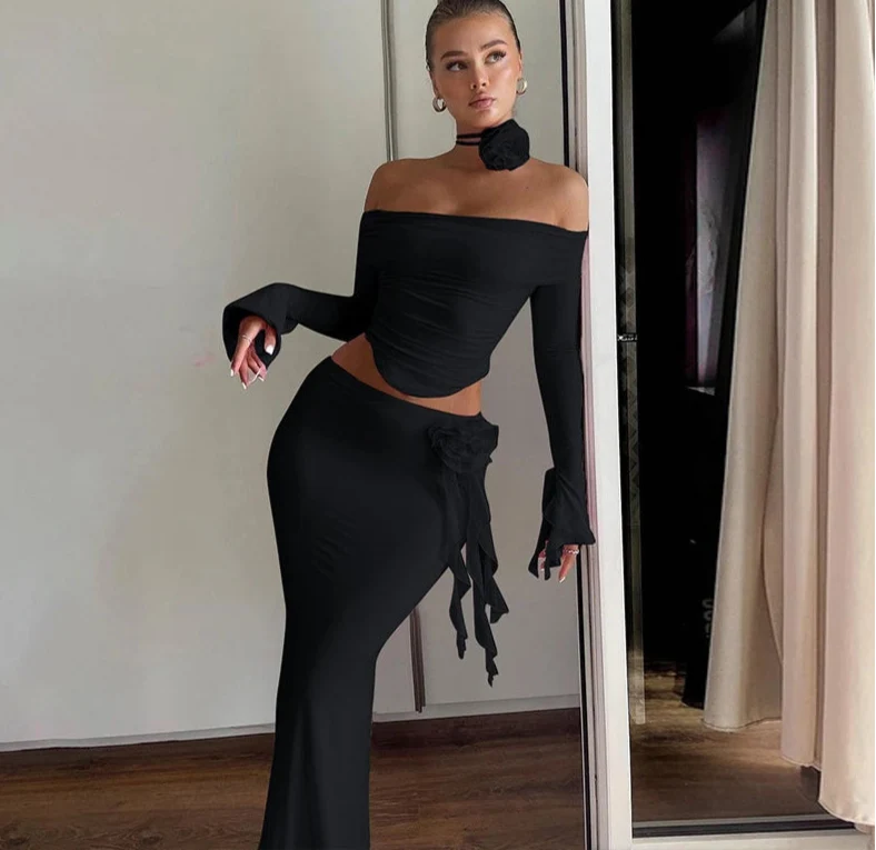 Off Shoulder Crop Top, Bodycon Maxi Skirt Set