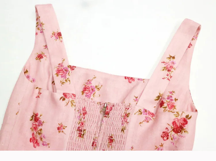 Floral Print Linen Square Collar Lace Up Mid Length Dress