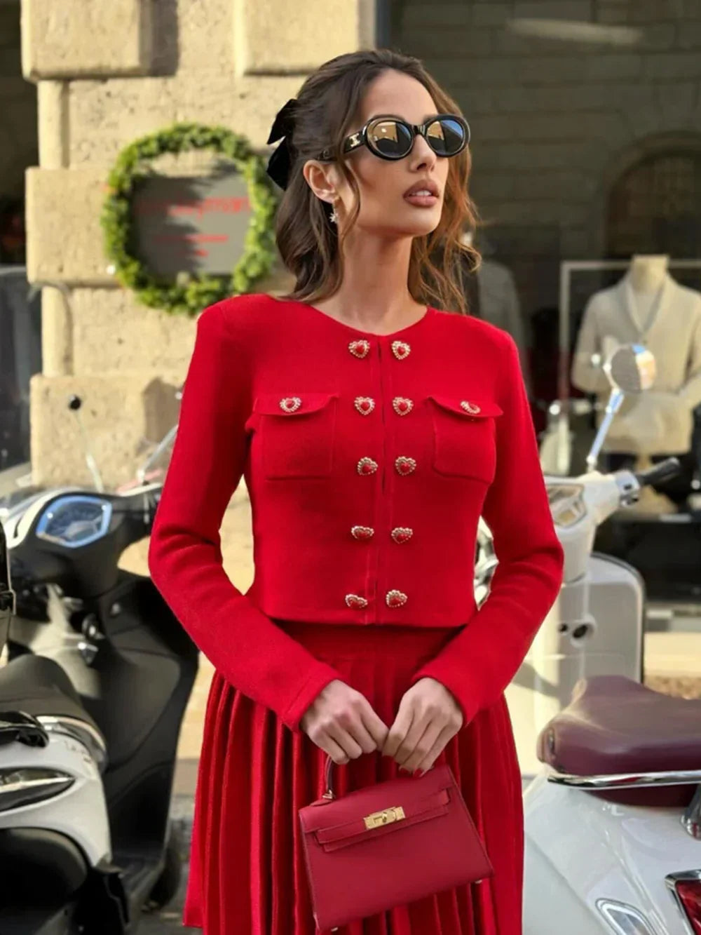 Heart-shaped Button Sweater and Skirts Suit