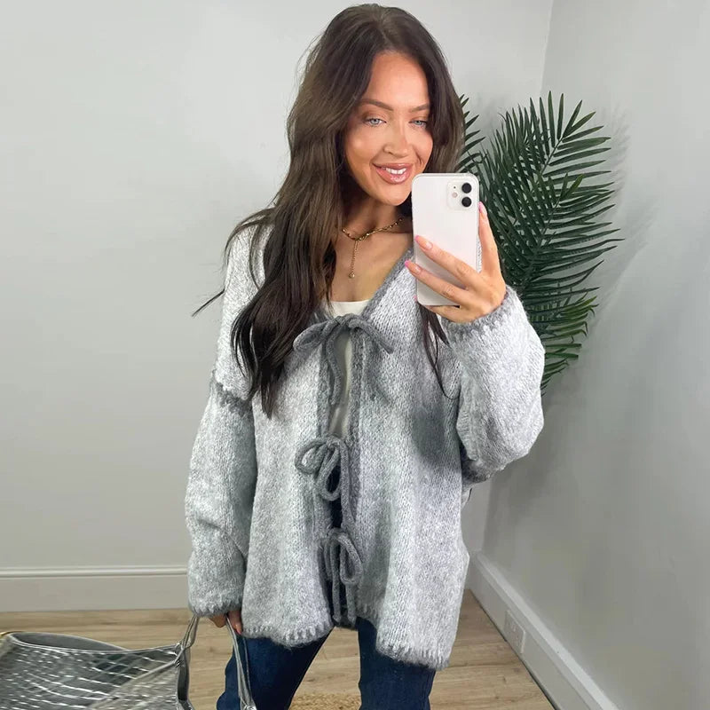 Oversized Hollow Contrast Bow Lace-Up  Knitwear Cardigan