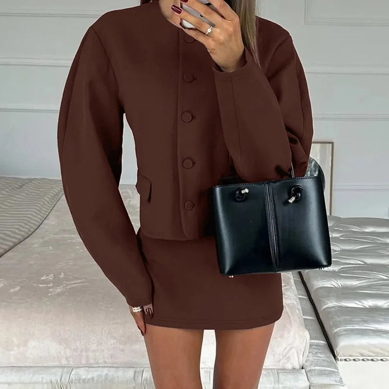 Round Neck Long Sleeve Jacket Mini Skirt Suit