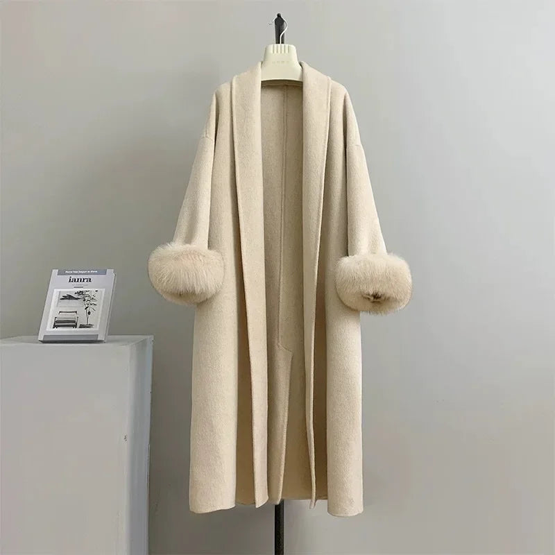 Lace-Up Fur Fluffy Lapel Long Sleeve Overcoat
