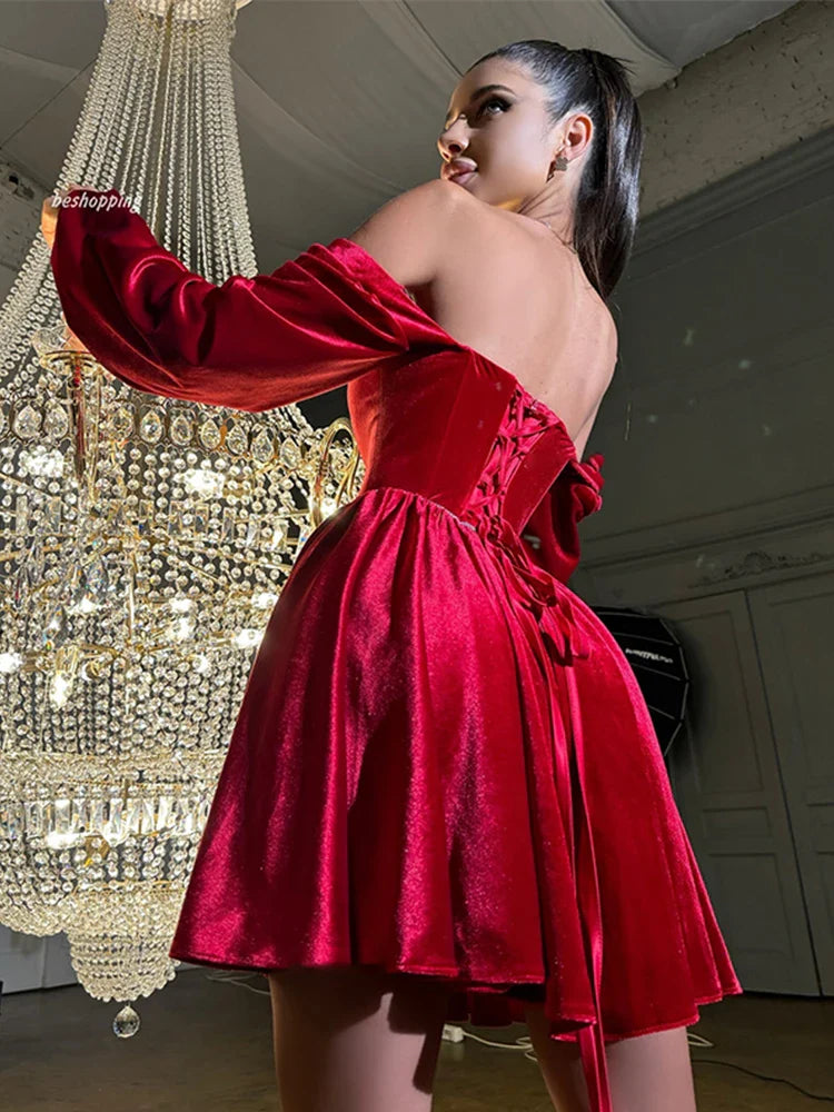 Velvet Strapless Mini Dress Off Shoulder Party Outfit