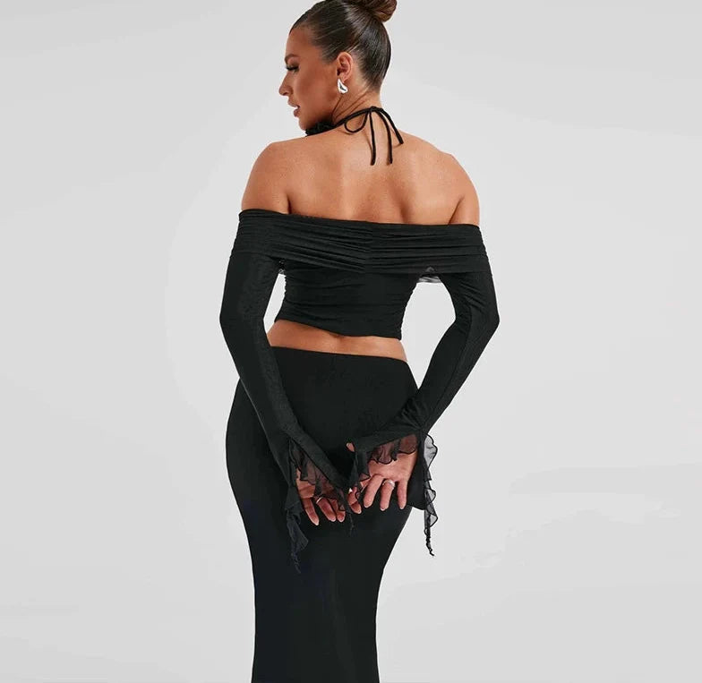 Off Shoulder Crop Top, Bodycon Maxi Skirt Set
