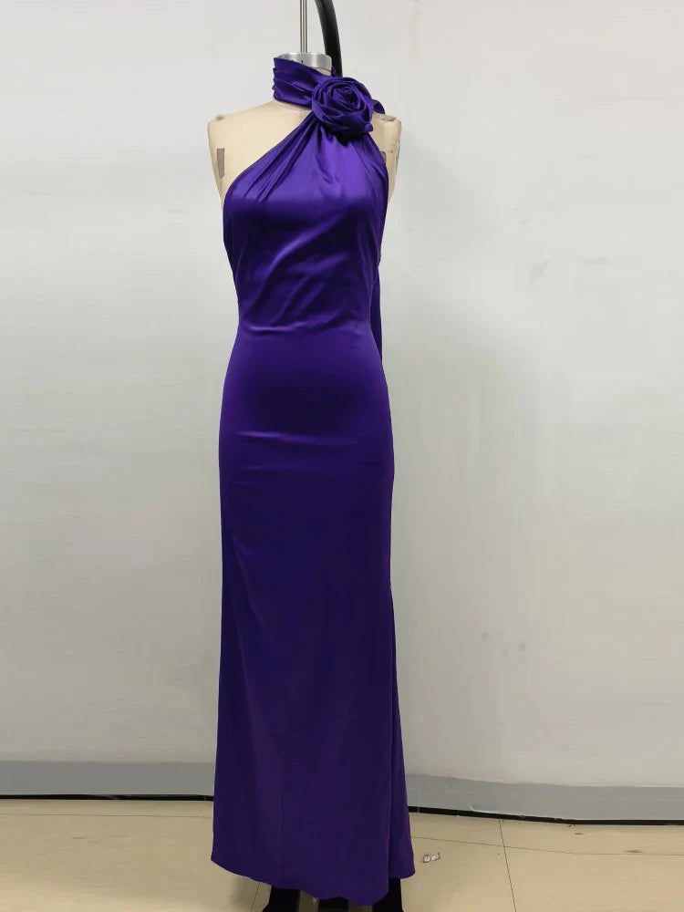 Purple Satin Halter Neck 3D Flower Scarf Maxi Dress