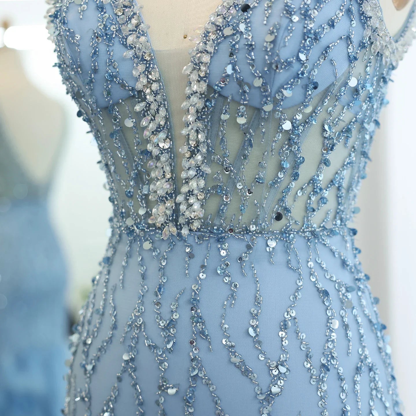 Blue Mermaid Evening Gown with Feather Details