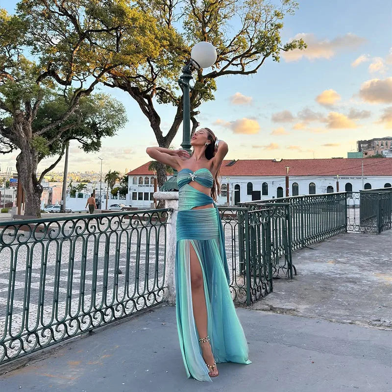 Printed Strapless Hollow Out Side Slit Long Dress