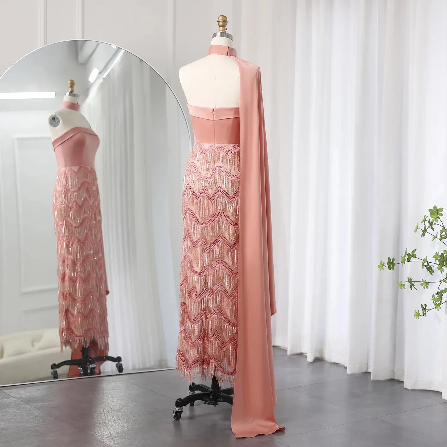 Coral Pink Evening Dress with Tassel Cape