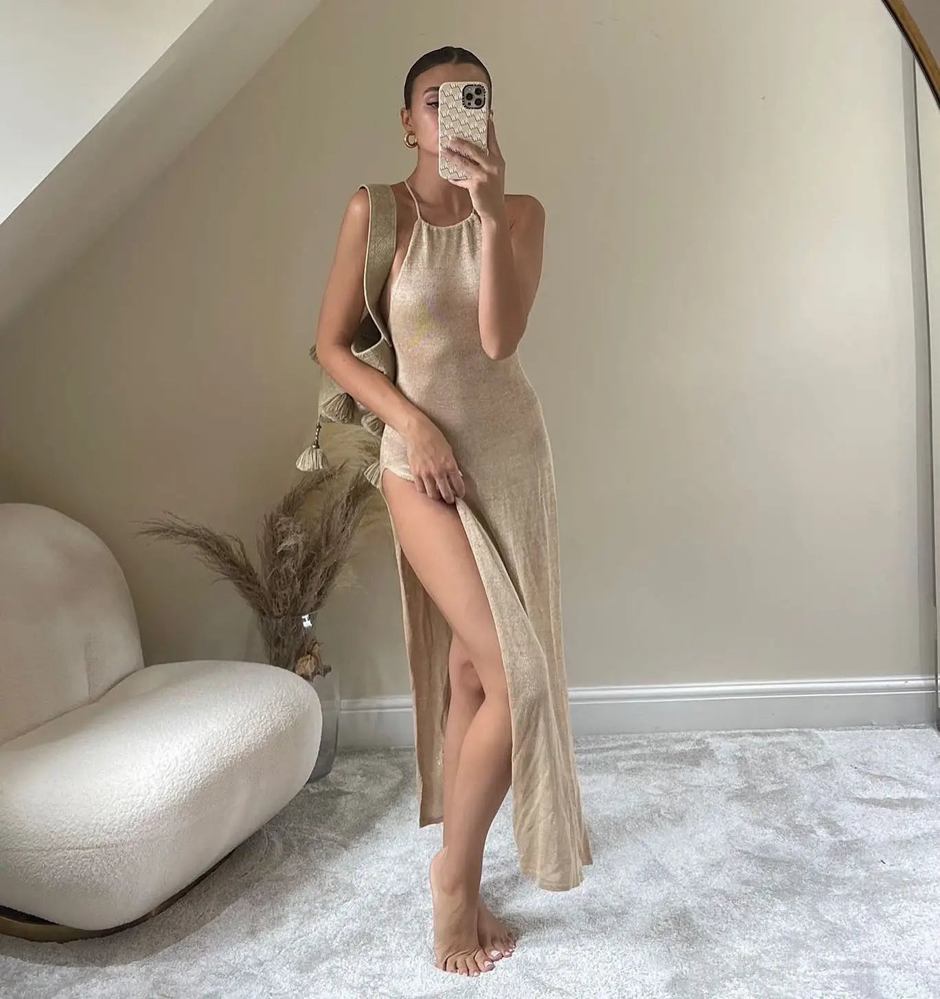 Knitted Cover Up Slit Bodycon Halter Neck Long Dress