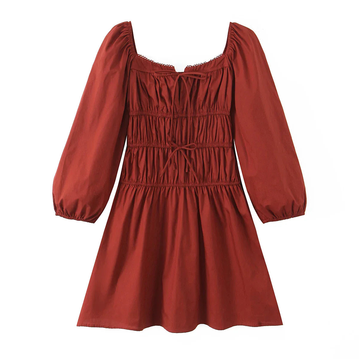 Bow Square Collar Puff Long Sleeve Elastic Waist Mini Dress