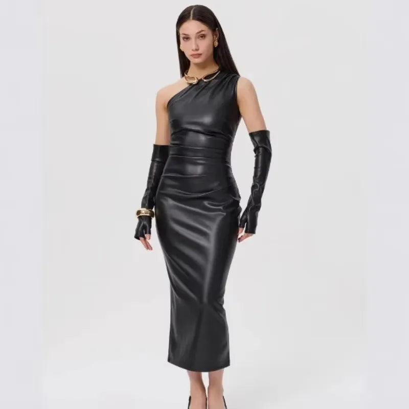 Off-Shoulder Strapless Faux Leather Patchwork Dress