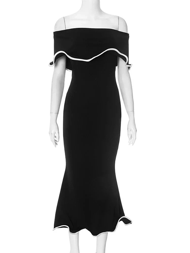 Strapless Ruffles Black Midi Dress
