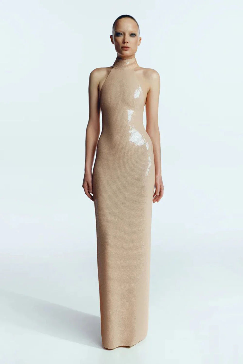 High neck bead wrapped hip skirt slit sequin dress