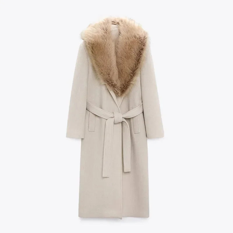 Wool Lace-Up Fur Lapel Thick Over Coat
