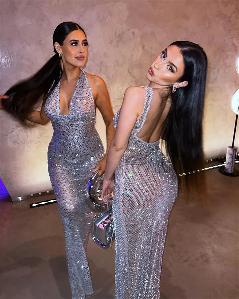 Halter Neck Backless Glitter Long Dress