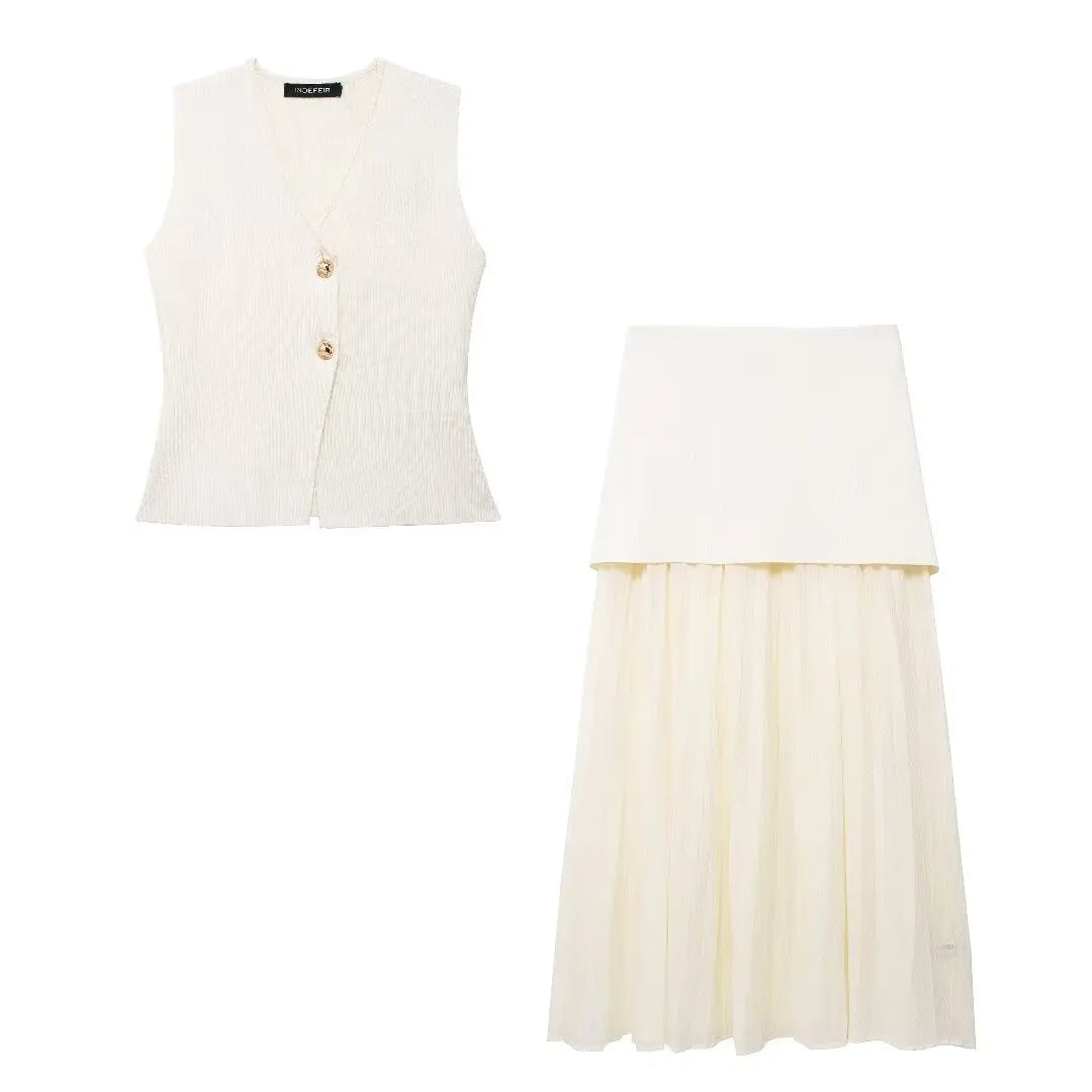 Button Knit Top Side Zipper Skirt Suit