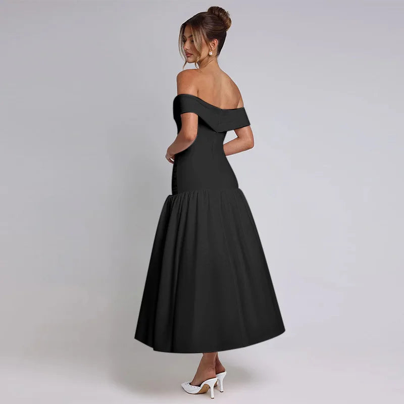Slash Neck Off Shoulder Solid Dress