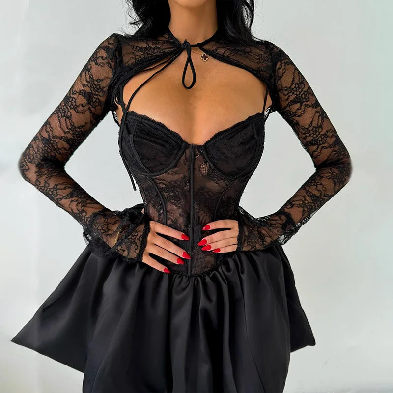 Black Lace Long Sleeve Flare Mini Dress