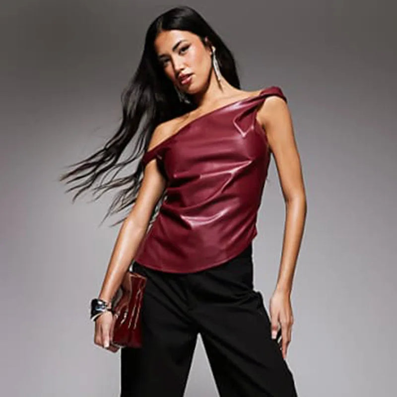 Skew Collar Leather Pleated Top