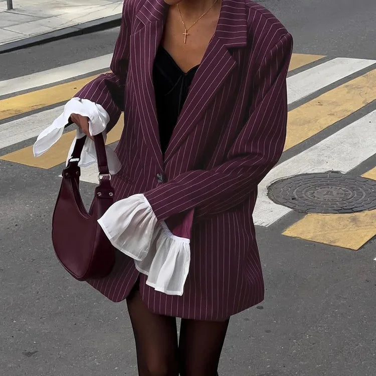 Patchwork Notched Collar Lace Flare Sleeve Jacket