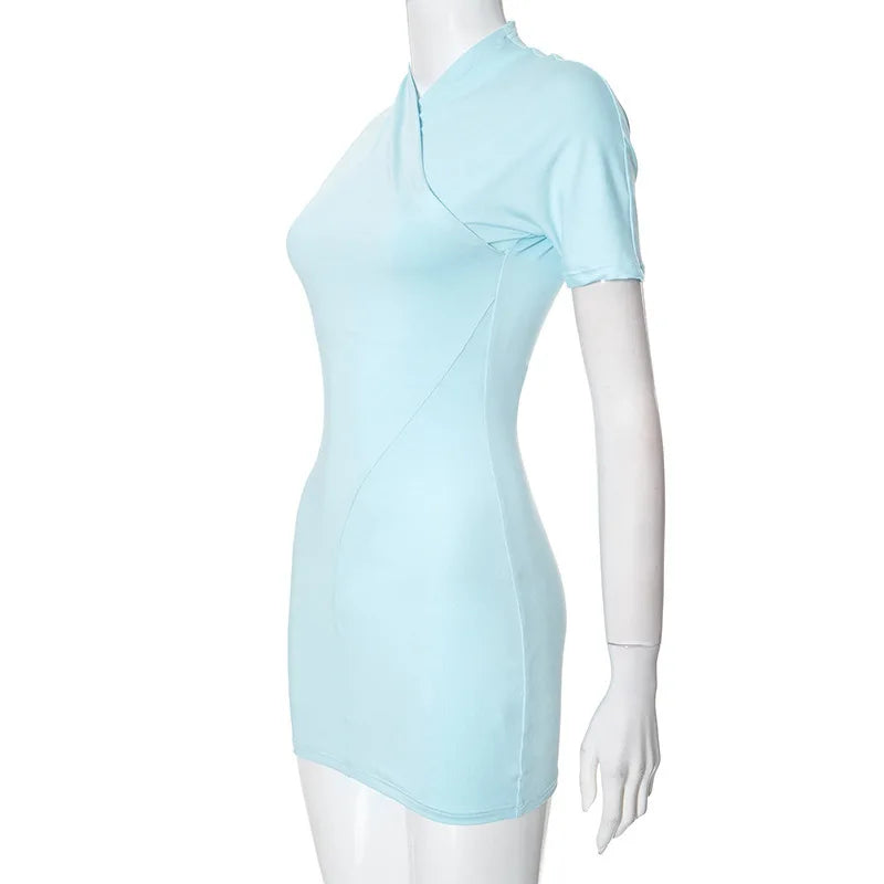 Solid Color Cross Patchwork Short Sleeve Mini Dress